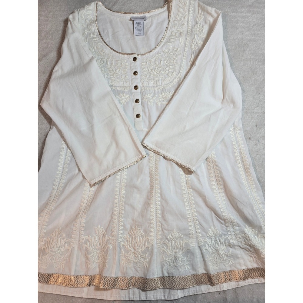 Soft Surroundings White Embroidered Cotton Tunic Top Metallic Gold Trim Size XL - Picture 9 of 16